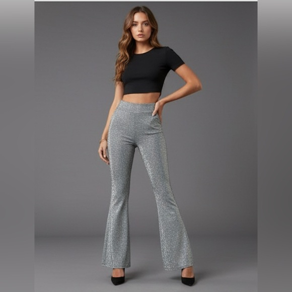 Silver High Waist Flare Leg Metallic Pants - Picture 7 of 9